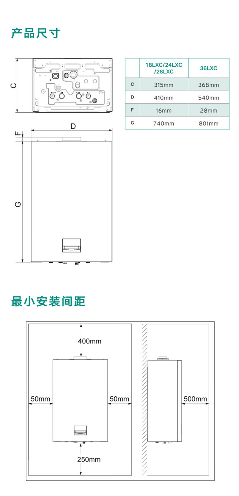 威能classic分段燃烧24kw采暖热水两用壁挂炉安装尺寸和产品技术参数